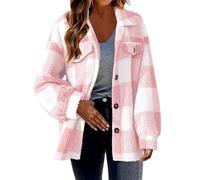 Ladies Checked Fleece Jacket Shacket For Women UK Plus Size Plaid Shirt Jacket Oversized Baggy Shacket Top Boyfriend Button Down Retro Jacket Winter Warm Cardigan Winter Coats UK 8-20 Pink 3XL
