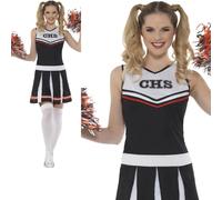 Ladies Cheerleader Costume + Pom Poms High School Adult Women Fancy Dress New