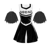 Ladies Cheerleader Costume with Pom Poms - Womens Highschool American Style Fancy Dress Party Outfit (Black - UK 4-6)
