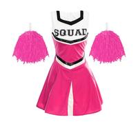 Ladies Cheerleader Costume with Pom Poms - Womens Highschool American Style Fancy Dress Party Outfit (Pink - UK 10-12)