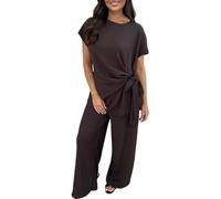 Ladies Cheesecloth Textured Side Knot Top T-Shirt With Elasticated Trouser Tracksuit Womens Short Sleeve Tie Knot Top With Flared Trouser Co-ord Set