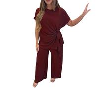 Ladies Cheesecloth Textured Side Knot Top T-Shirt With Elasticated Trouser Tracksuit Womens Short Sleeve Tie Knot Top With Flared Trouser Co-ord Set