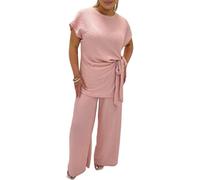 Ladies Cheesecloth Textured Side Knot Top T-Shirt With Elasticated Trouser Tracksuit Womens Short Sleeve Tie Knot Top With Flared Trouser Co-ord Set