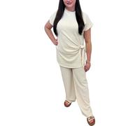 Ladies Cheesecloth Textured Side Knot Top T-Shirt With Elasticated Trouser Tracksuit Womens Short Sleeve Tie Knot Top With Flared Trouser Co-ord Set