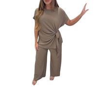 Ladies Cheesecloth Textured Side Knot Top T-Shirt With Elasticated Trouser Tracksuit Womens Short Sleeve Tie Knot Top With Flared Trouser Co-ord Set