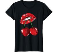 Ladies Cherry Lips Print Baggy T-Shirt Top Ladies Short Sleeve Fashion Vintage Retro Print Tees Shirt Summer Casual Wear Top Black