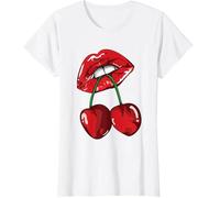 Ladies Cherry Lips Print Baggy T-Shirt Top Ladies Short Sleeve Fashion Vintage Retro Print Tees Shirt Summer Casual Wear Top White