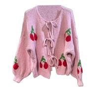 Ladies Cherry Print Tie Front Knitted Cardigan Women’s Long Sleeve Printed Oversized Knot Tie Jumper Warm Cropped Top Winter Wear Fancy Party Cardigan Plus Size 12-26 Pink
