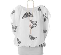 Ladies Chiffon Butterfly Print Batwing Sleeve Summer Blouse with Necklace Black Fuchsia Cream Mint Coral Nude Lemon 8 10 12 14 16 18 20 (Cream, XL/2XL (18/20))