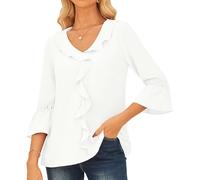 Ladies Chiffon Lightweight Blouse Business Office Work Solid Shirt V-Neck Ruffled Tops for Dress White S