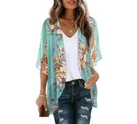 Ladies Chiffon Open Front Cardigan Printed Tops Solid Colour Kimono Bikini Cover up Blouse Shrug（Aqua Blue，3XL）