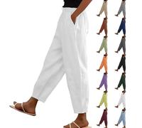 Ladies Chinos Solid Color Elasticated Waist Trouser Ladies Summer Lounge Pants Plain Loose Fit Capri Pant Casual Straight Leg Bottoms with Pockets White
