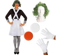 Ladies Chocolate Factory Worker Costume - Brown Top, White Skirt, Green Wig, Gloves, Eyebrows & Orange Facepaint - Adults Fancy Dress for World Book Day & Book Week Stag Halloween - UK 14/16