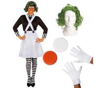 Ladies Chocolate Factory Worker Costume - Brown Top, White Skirt, Green Wig, Gloves, Eyebrows, Orange Facepaint - Adults World Book Day Book W ancy Dress Costume