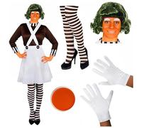 Ladies Chocolate Factory Worker Costume World Book Day Roald Dahl | brown top, white dungaree skirt, green wig, orange face paint, white gloves, striped tights, World Book Day fancy dress
