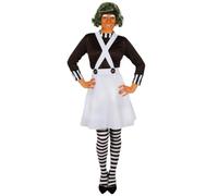 Ladies Chocolate Factory Worker Fancy Dress Costume Brown White Outfit | chocolate factory costume, world book day fancy dress, striped collar top, white dungarees set, adult ladies outfit