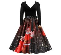 Ladies Christmas Dress, 1950s Dresses for Women Long Sleeve V-Neck/round Neck Elegant Ladiess Party Bowknot a Line Swing Xmas Dresses for Women Uk Holiday Christmas Women Dress