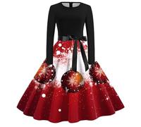 Ladies Christmas Dress, Christmas Dress 50s Ladies Long Sleeve Santa Xmas Dresses a Line 1950s Swing Dress Plus Size Christmas Dresses Prom Swing Printing Holiday Clothing