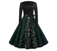 Ladies Christmas Dresses UK Clearance, Christmas Dresses for Women Plus Size Christmas Tree Snowman Graphic Print 50s Vintage Long Sleeve Square Neck Swing Casual Party Dress,Dark Green,XL,U607T