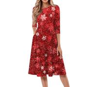 Ladies Christmas Dresses UK Clearance,Women's Midi Dress Casual Crew Neck 3/4 Sleeve Christmas Tree Snowflake Snowman Graphic Party Dresses for Her,Watermelon Red,XXL,u45k