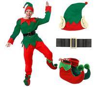 Ladies Christmas Elf Costume - Small - 5 Piece Santa’s Helper Outfit with Green Top, Red Trousers, Hat, Black Belt and Boots - Festive Fancy Dress for Christmas Parties & Nativity Events