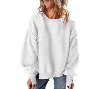 Ladies Christmas Jumper Double Side Plush Oversized Sweatshirt For Women Reverse Seam Side Split High Low Hem Crewneck Long Sleeve Pullover Tops Plain Sweatshirt Plus Size Pullover (White, XL)