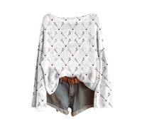 Ladies Christmas Jumper Oversized Stretchy Ribbed Ugly Sweater, Womens Long Sleeve Crewneck Xmas Pullover Casual Novelty Funny Print Tops Holiday Fall Winter White L