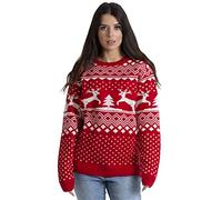 Ladies Christmas Jumper Pullover Relaxed-Fit Comfortable Classic Crew Neck Long Sleeve Retro Reindeer Fairisle Vintage Knitted Red Blue Black Womens Merry Xmas Sweater S to XXL (Red, S)