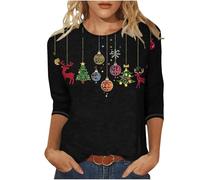 Ladies Christmas Jumpers - Women's Xmas T-Shirts Plus Size Christmas Tree Print Novelty Funny 3/4 Sleeve Elf Santa Print Reindeer Graphic Blouse Ugly Tee Shirt Pullover Holiday Tops