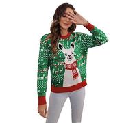 Ladies Christmas Knitted Llama Jumper, Womens Xmas Winter Crew Neck Pullover Long Sleeve Stretchy Sweater, Soft Warm Novelty Printed Top Sweatshirt for Adults, S-M Green