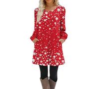 Ladies Christmas Party Dresses,Women's Casual Crewneck Long Sleeve T-Shirt Cute Christmas Tree Snowflakes Pattern Print Loose Dress with Pockets for Teens,Watermelon Red,3XL,u1022k