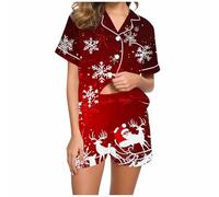 Ladies Christmas Pyjamas 2 Piece Set Funny Xmas Printed Button Down Pyjama Shirts and Short Pants Home Wear Set Loungewear Sleepwear Co Ord Two Piece Outfits Women's Fall Winter Comfy Pyjamas S-XXL