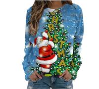 Ladies Christmas Sweatshirt, Santa Claus Novelty Pullover Xmas Tree Snowflakes Jumper 3D Printed Funny Pullover Long Sleeve Sweater Casual Crewneck Tops Cosy Shirt Christmas Party Costume