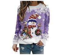 Ladies Christmas Sweatshirt Snowman Print Christmas Jumpers Long Sleeve Crew Neck Sweatshirt Novelty Funny Xmas Pullover Teen Girls Womens Basic Cotton Tops Essentials Casual Holiday Outfits Purple