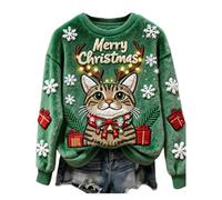 Ladies Christmas Sweatshirt Uk Sparkling Reindeer Snowflakes Printed Jumper Long Sleeve Crewneck Sweaters Womens Loose Fit Xmas Jumper Autumn Winter Sweatshirts Holiday Long Sleeve Tops Green