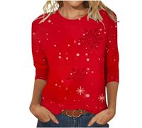 Ladies Christmas Sweatshirts Clearance Womens Xmas Pullover Mid-Length 3/4 Sleeve Jumper Christmas Tree Snowflakes Tunic Tops Round Neck Blouse Oversized T Shirts Casual Party Costume UK Size