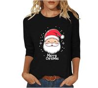 Ladies Christmas T Shirts,Funny Graphic Xmas Tree Tops Wine Glass Print Xmas Sweatshirt Crew Neck 3/4 Sleeve Pullover Blouse Cute Santa Claus Novelty Christmas T Shirts for Women