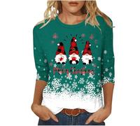 Ladies Christmas T Shirts Women Merry Christmas Tree Tee Shirt Funny Wine Glass Graphic Xmas Sweatshirts Womens Crewneck 3/4 Sleeve Pullover Snowflake Print Tops Blouse Christmas T Shirt Gifts for Her