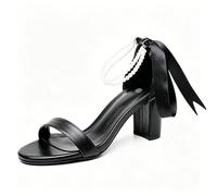 Ladies' Chunky Block High Heel Open Round Toe Sandals Two strings of pearls Ankle Strap shoes,Black,7.5