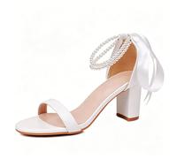 Ladies' Chunky Block High Heel Open Round Toe Sandals Two strings of pearls Ankle Strap shoes,White,8