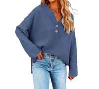 Ladies Chunky Knit Jumpers Winter Jumpers Women Ladies Long Sleeve V Neck Button Knitted Autumn Pullover Sweater Casual Pullover Black Ladies Jumper Red Off The Shoulder Jumper (Blue, XXL)