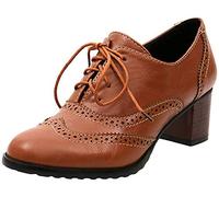 Ladies Classic Brogue Lace-up Shoes Carved Mid Heel Shoes Women's Leisure Retro Thick Heel Solid Color Oxford Office Vintage Shoes, Black/Brown/Beige
