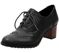Ladies Classic Brogue Lace-up Shoes Carved Mid Heel Shoes Women's Leisure Retro Thick Heel Solid Color Oxford Office Vintage Shoes, Black/Brown/Beige