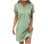 Ladies Clothes Sale Clearance Summer Dresses for Women UK Fashion Solid Color Button Mini Dress Casual V Neck Short Dress Loose Fit Short Sleeve Sport Petite Dresses for Short Women Mint Green