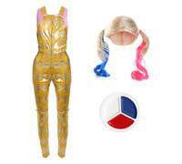 Ladies Clown Assistant Costume Set - Small - Pink Crop Top, Gold Dungarees, Blonde Wig & Face Paint - Halloween Fancy Dress Outfit Inspired by Harley Quinn
