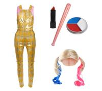Ladies Clown Assistant Costume Set - Small - Pink Top, Yellow Dungarees, Blonde Wig, Red, White and Blue Face Paint, Red Lipstick and Inflatable Baseball Bat - Perfect for Halloween