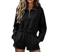 Ladies Co Ords Outfits Black Classic Half Zip Leisure Two Piece Loungewear