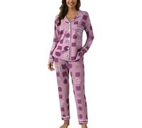 Ladies Co Ords Outfits Uk Two Piece Lounge Wear Sets for Women Uk Button Down Long Sleeve Tops&Wide Leg Bottoms Pjs Set Ladies Cute Graphic Soft Sleepwear Purple Style#1 Womens Pajama Sets M