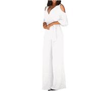 Ladies Cold Shoulder Jumpsuit Elegant Sexy V Neck Romper Ruffle Sleeve Wide Leg Dungarees High Waist Summer Overalls Party Wedding Work Playsuit