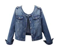 Ladies Collarless Classic Plus Size Round Neck Casual Biker Style Stretch Washed Jean Denim Jacket Oversized Coat Outwear Cropped Trucker Jacket Picture 6XL